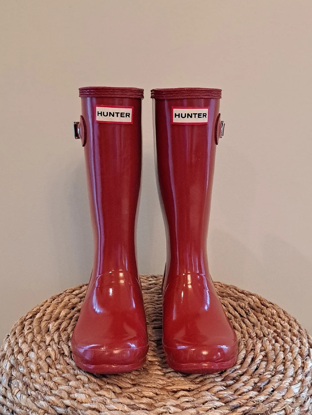 Hunter Youth Unisex‎ Cherry Red Rubber Glossy Rubber Wellington Rain Boots B4/G4